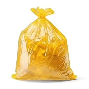 A bag of yellow plastic garbage bags on a white background.